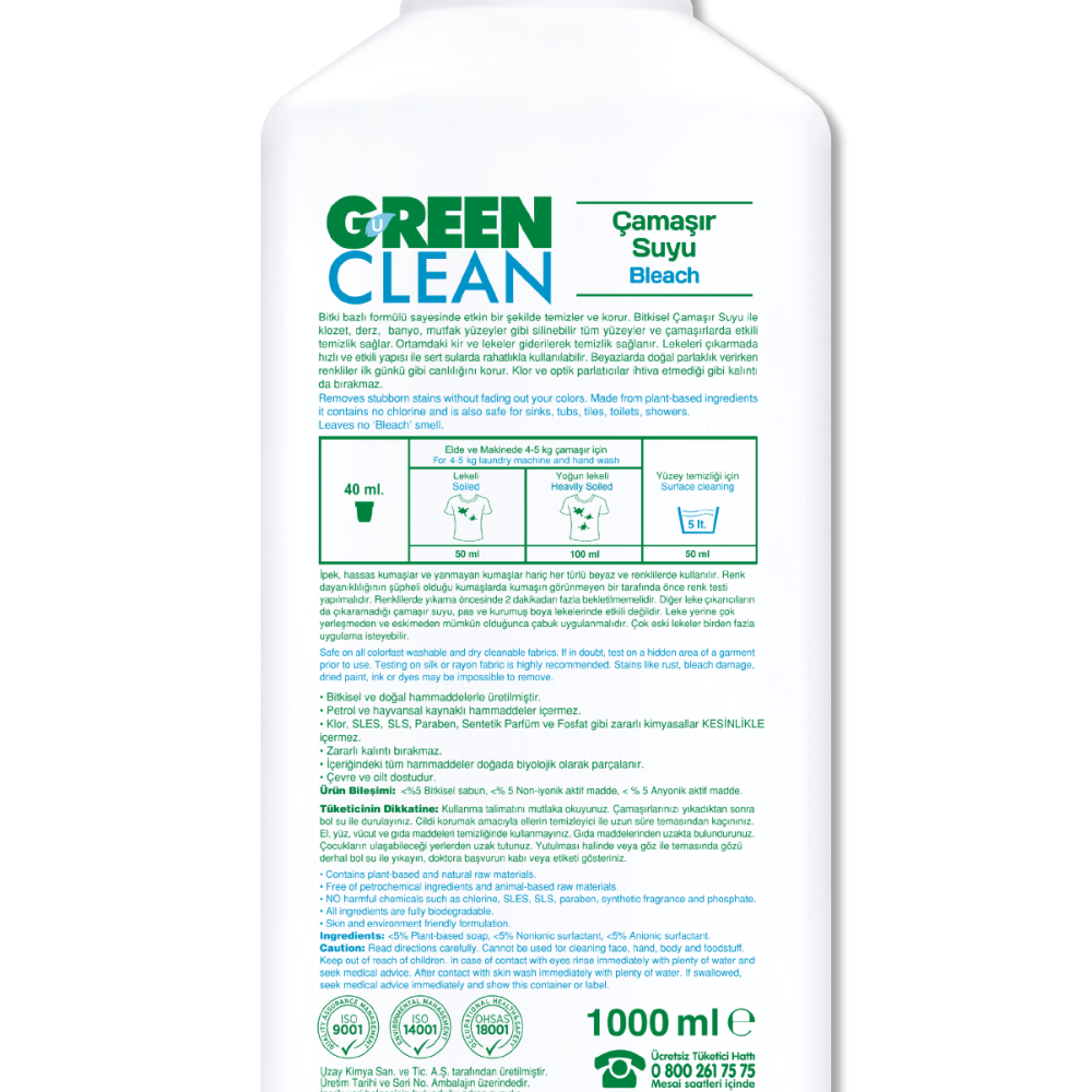 U Green Clean Bitkisel Çamaşır Suyu - 1 lt