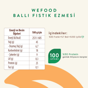 Wefood Şekersiz Ham Ballı Fıstık Ezmesi 300 gr (Fıstık Parçacıklı)