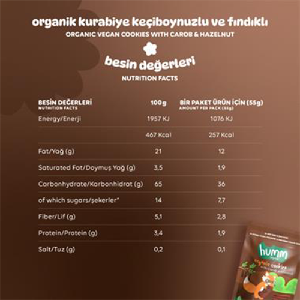 Organik keçiboynuzlu ve fındıklı kurabiye 55 gr paket, vegan glutensiz sağlıklı atıştırmalık