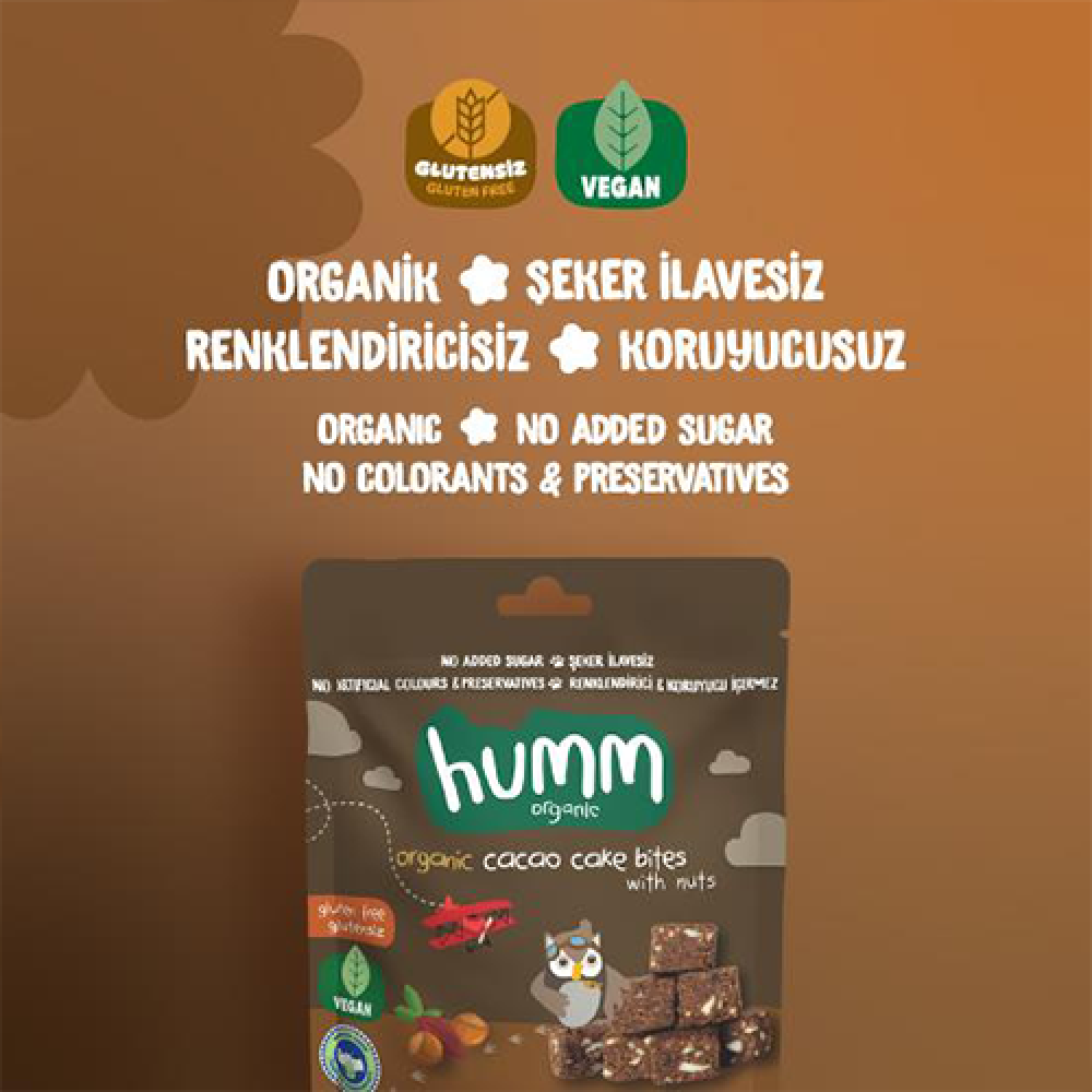 Organik kakaolu ve fındıklı kek 30 gr paket, glutensiz vegan mini kek