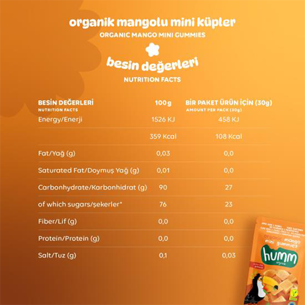 Organik mangolu mini küpler 30 gr paket, glutensiz vegan atıştırmalık