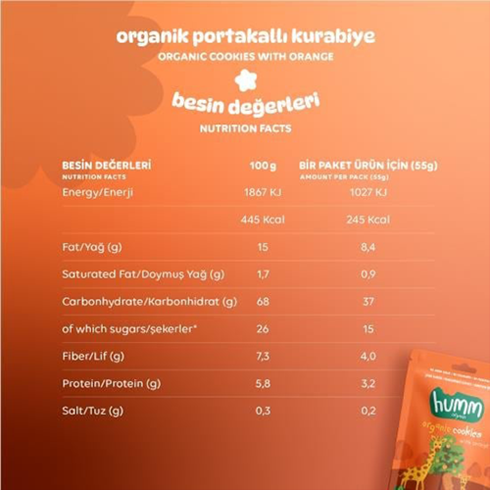 Organik portakallı kurabiye 55 gr paket, vegan glutensiz meyveli kurabiye