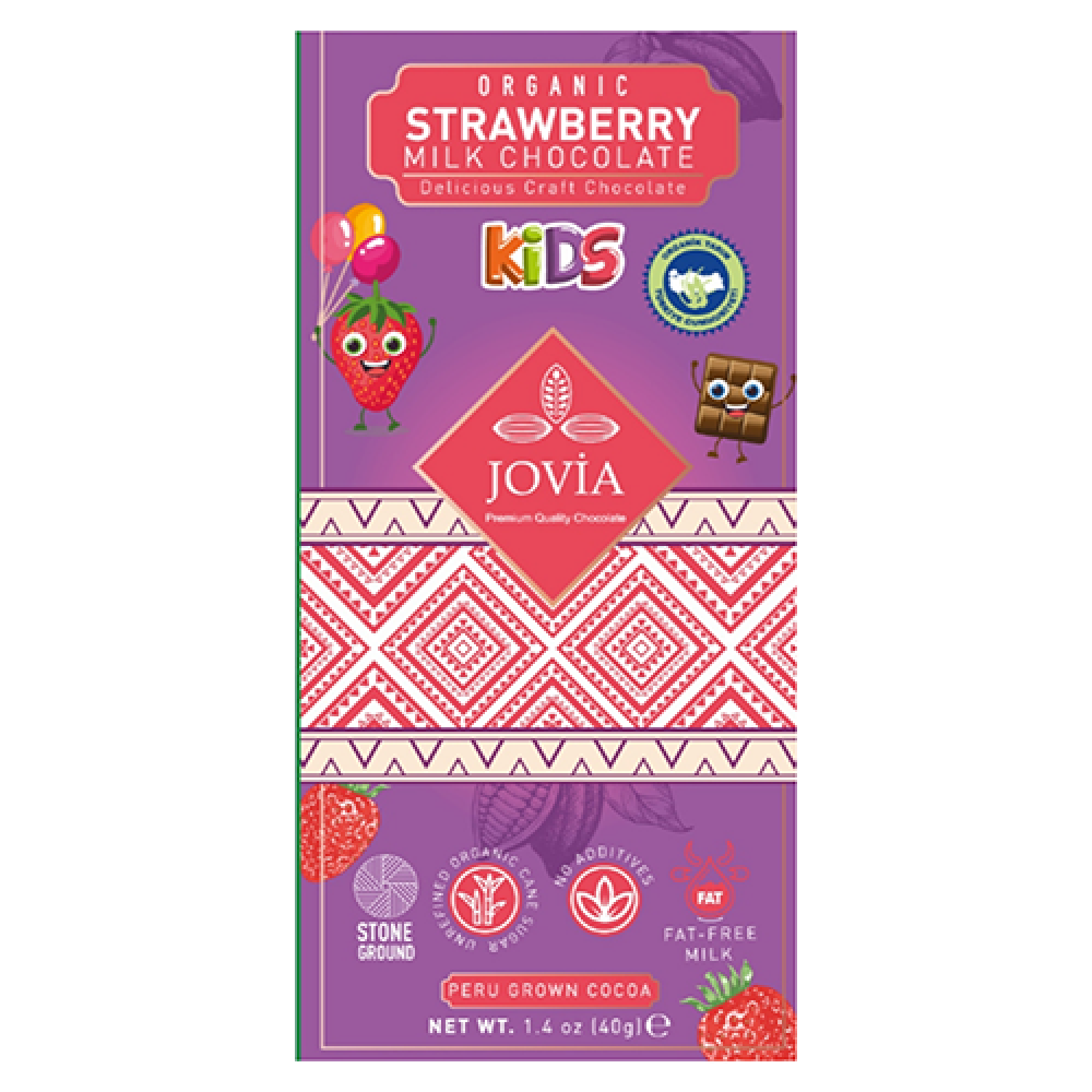 Jovia organik çilekli sütlü çocuk çikolatası 40 gr paket, freeze dry çilekli temiz içerikli çikolata