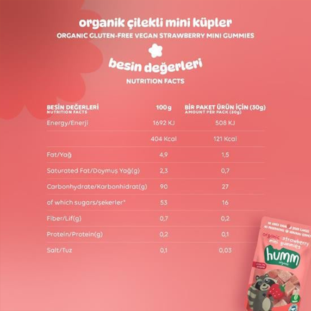 Organik glutensiz vegan çilekli mini küpler 30g atıştırmalık paket