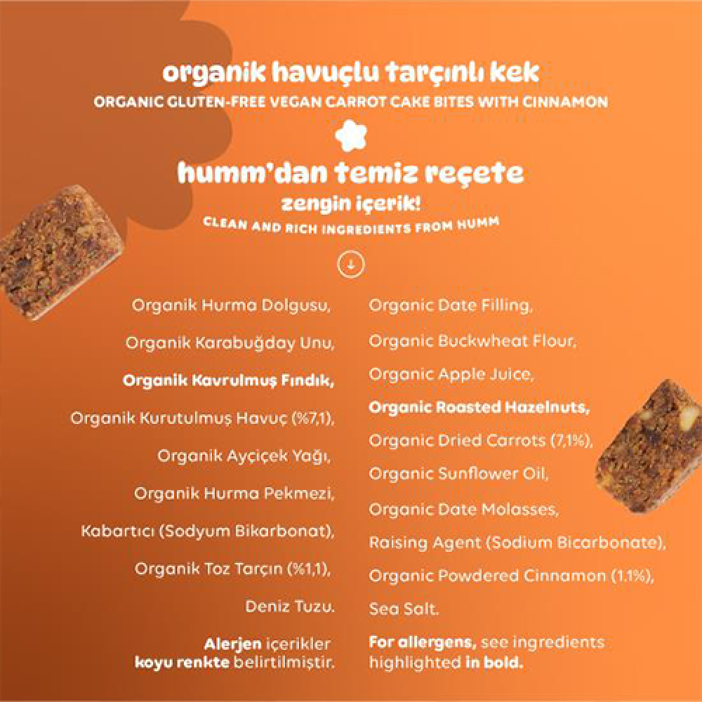 Organik havuçlu ve tarçınlı kek 30 gr, glutensiz vegan mini kek