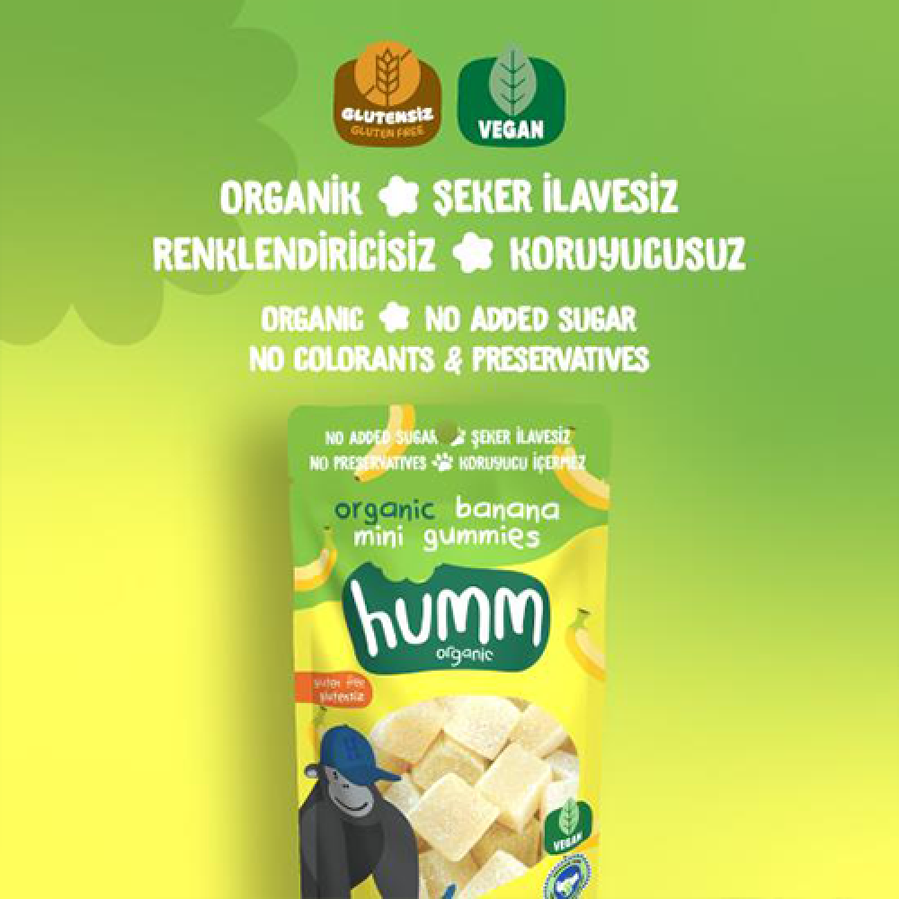 Organik muzlu mini küpler 30 gr paket, glutensiz vegan meyve atıştırmalığı