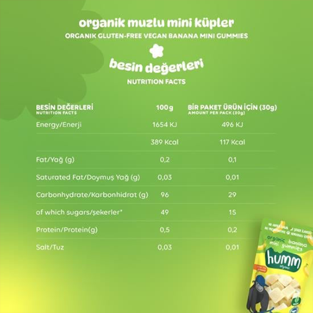 Organik muzlu mini küpler 30 gr paket, glutensiz vegan meyve atıştırmalığı