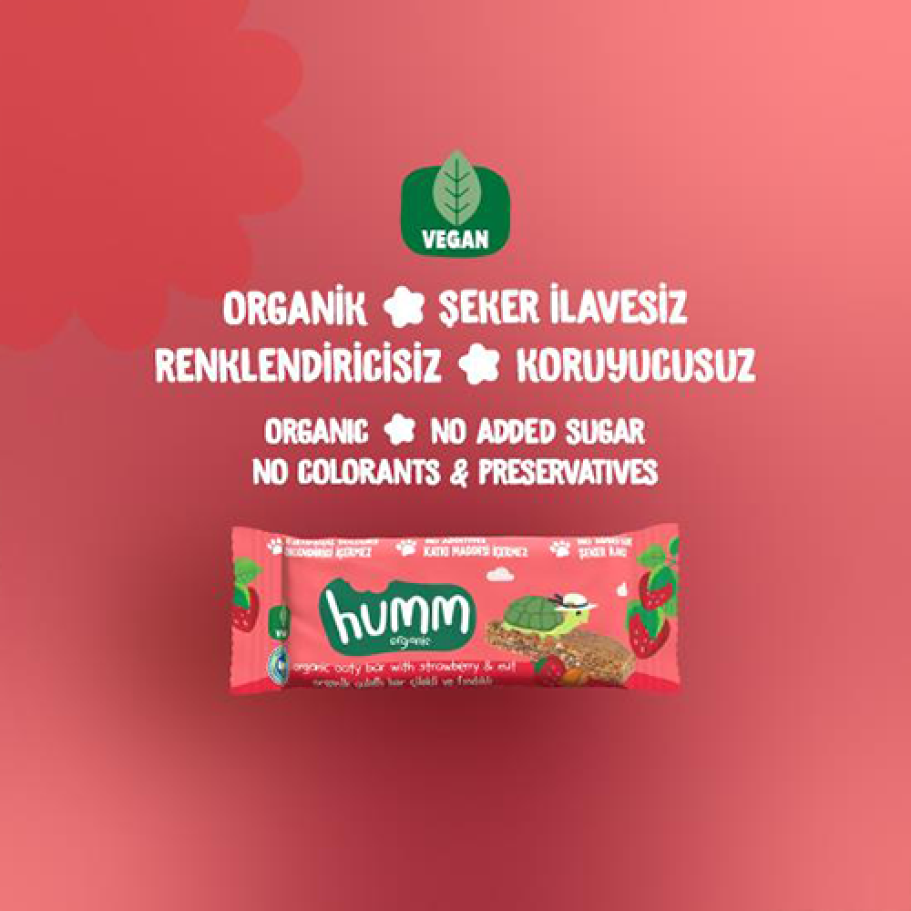 Organik çilekli ve fındıklı yulaf bar 27 gr, vegan glutensiz atıştırmalık