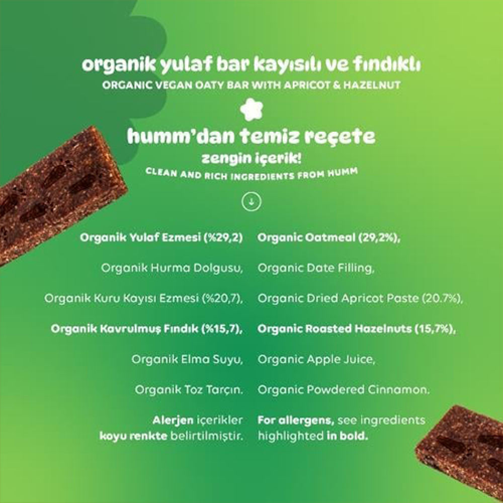 Organik kayısılı ve fındıklı yulaf bar 27 gr, vegan glutensiz ara öğün