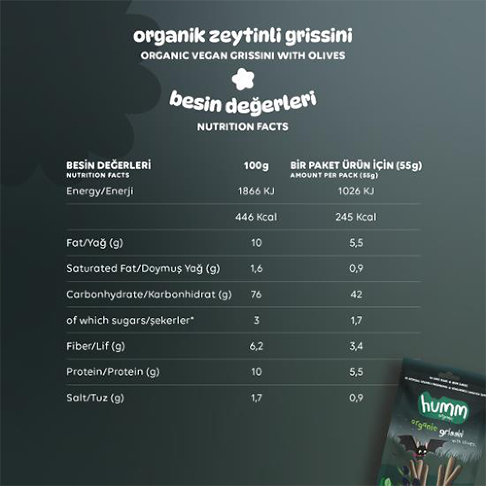Organik zeytinli grissini 55 gr paket, vegan glutensiz atıştırmalık çubuklar