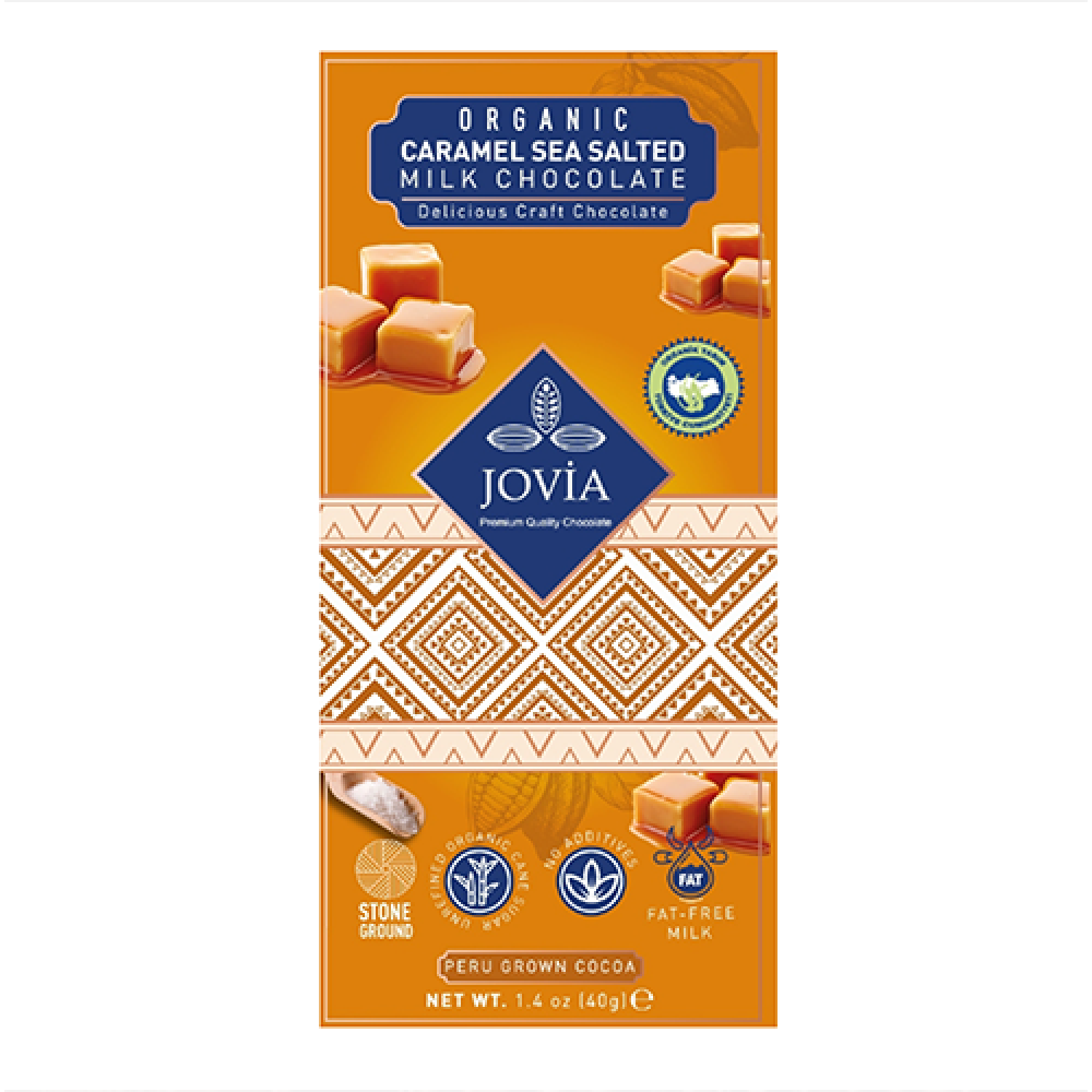 Jovia organik karamel ve deniz tuzlu sütlü çikolata, temiz içerikli karamelli sütlü çikolata