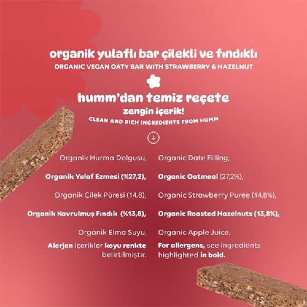 Organik çilekli ve fındıklı yulaf bar 27 gr, vegan glutensiz atıştırmalık