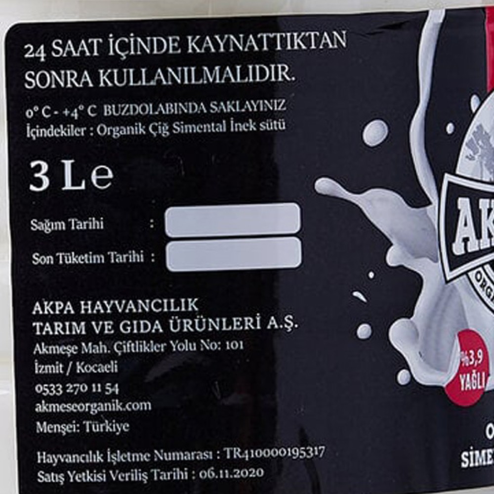 Akmeşe Organik Çiğ Süt 3 L – Doğallığın Saf Hali