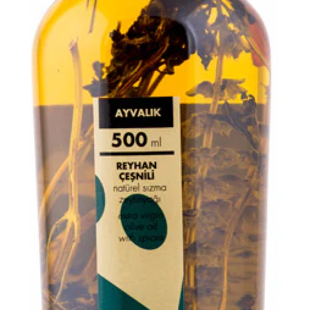 Reyhan çeşnili naturel sızma zeytinyağı 500 ml cam şişe, taze reyhan özlü gurme zeytinyağı