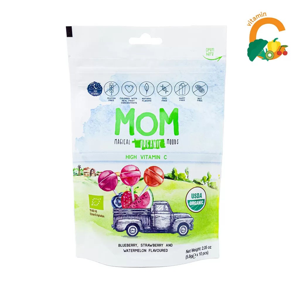 Mom organik lolipop karışık meyveli 3'lü, C vitaminli doğal organik çocuk şekeri