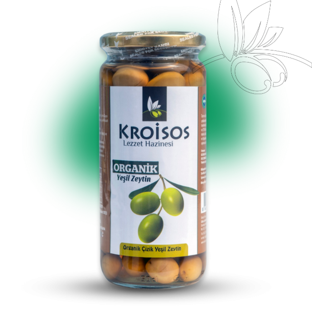 Organik yeşil zeytin 300 gr cam kavanoz, kostiçsiz doğal salamura yeşil zeytin
