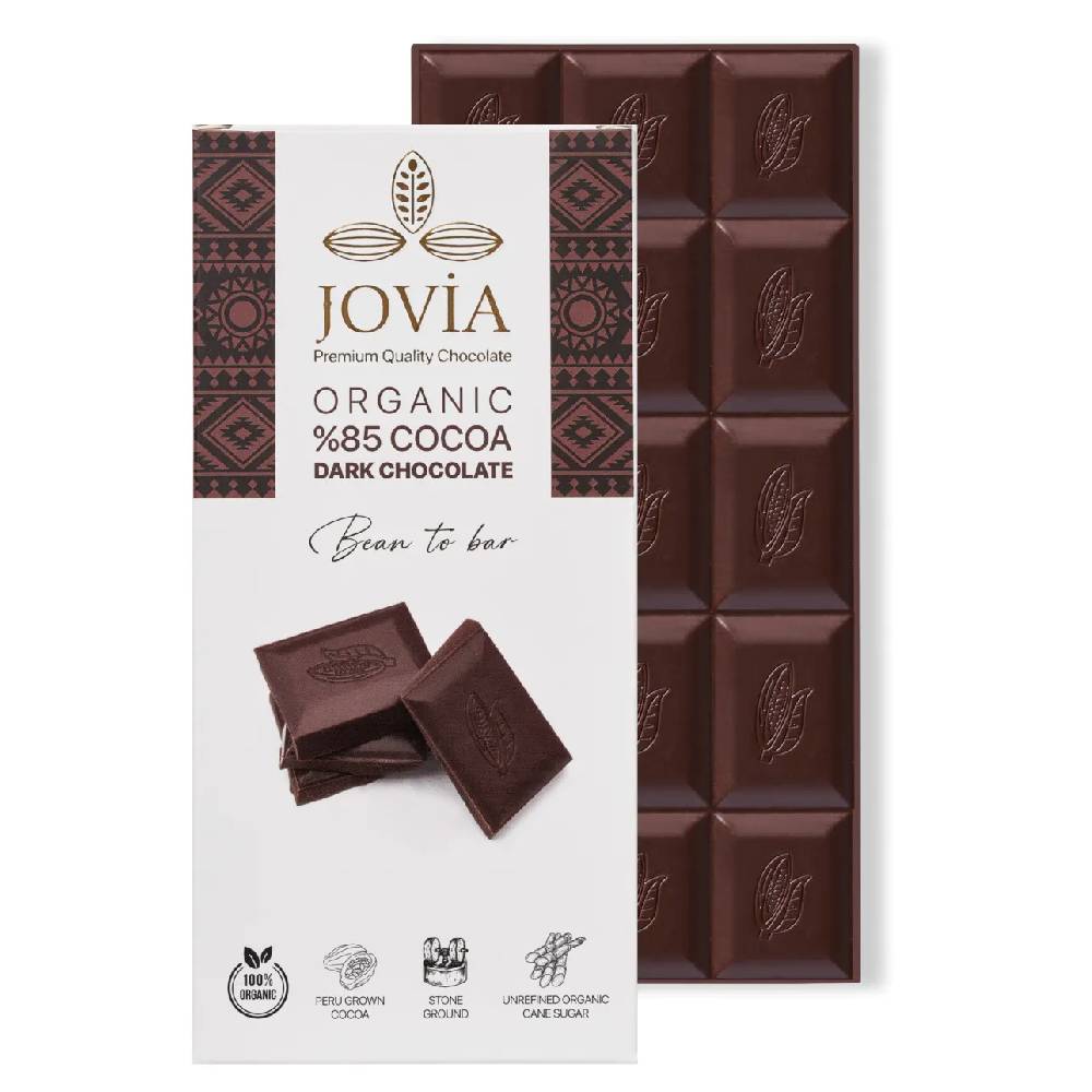 Jovia organik %85 bitter çikolata 85 gr paket, yüksek kakaolu vegan bitter çikolata