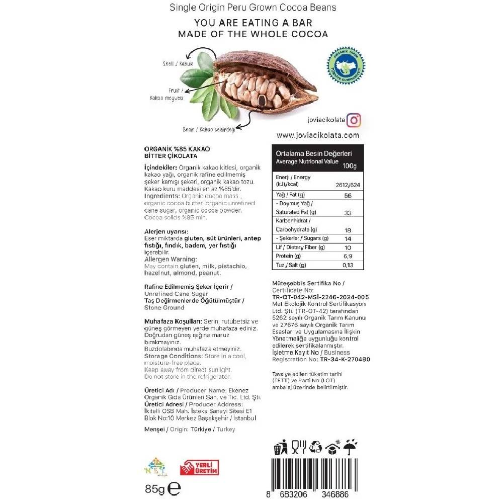 Jovia organik %85 bitter çikolata 85 gr paket, yüksek kakaolu vegan bitter çikolata