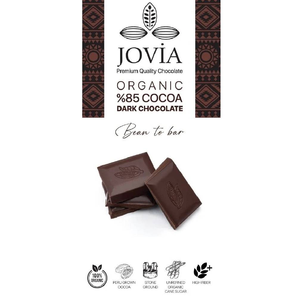 Jovia organik %85 bitter çikolata 85 gr paket, yüksek kakaolu vegan bitter çikolata
