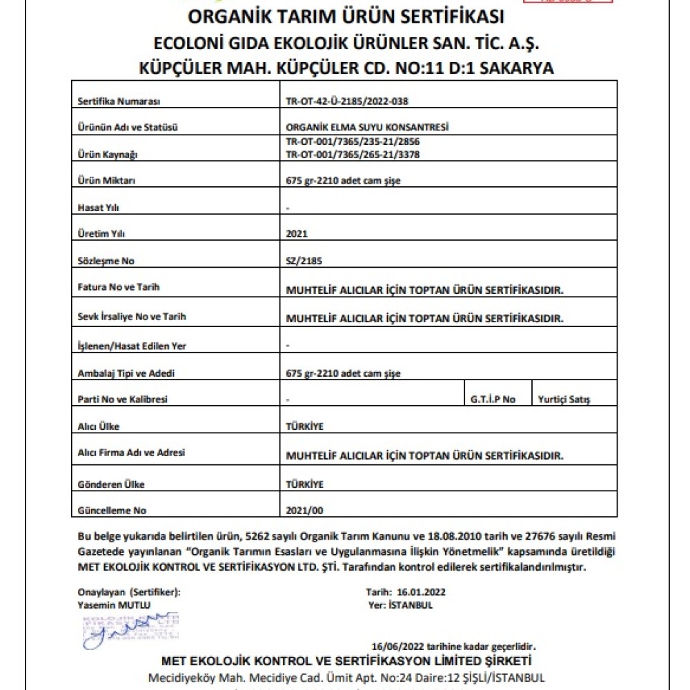 Nisa Organik 675 GR Elma Suyu Konsantresi Cam Şişe