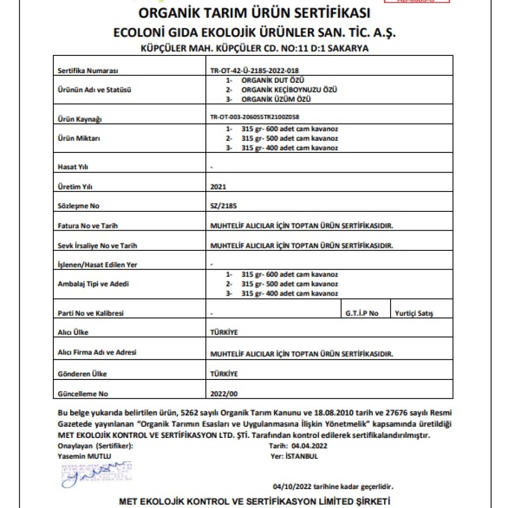 Nisa Organik 315 GR Organik Dut Özü Cam Kavanoz