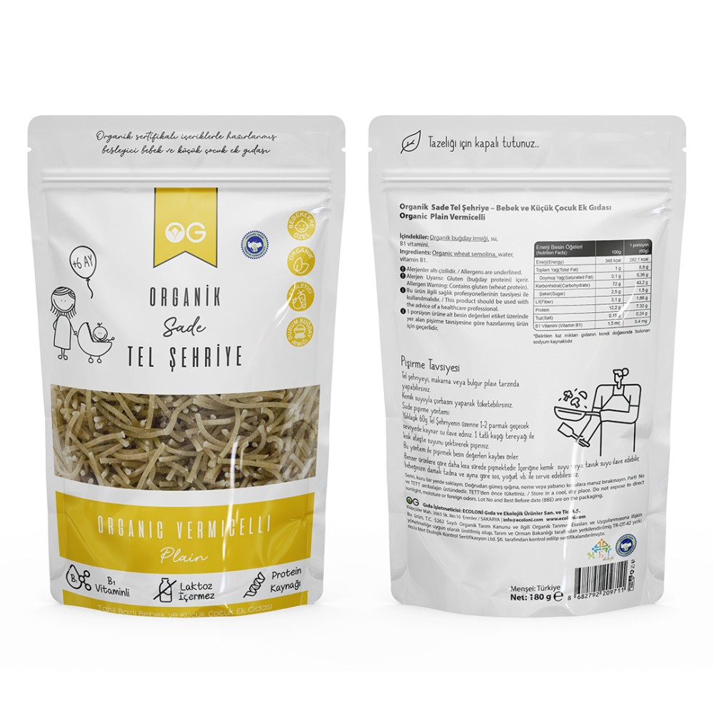 Nisa Organik 180 GR Organik Sütsüz Yumurtasız Sade Tel Şehriye Paketi