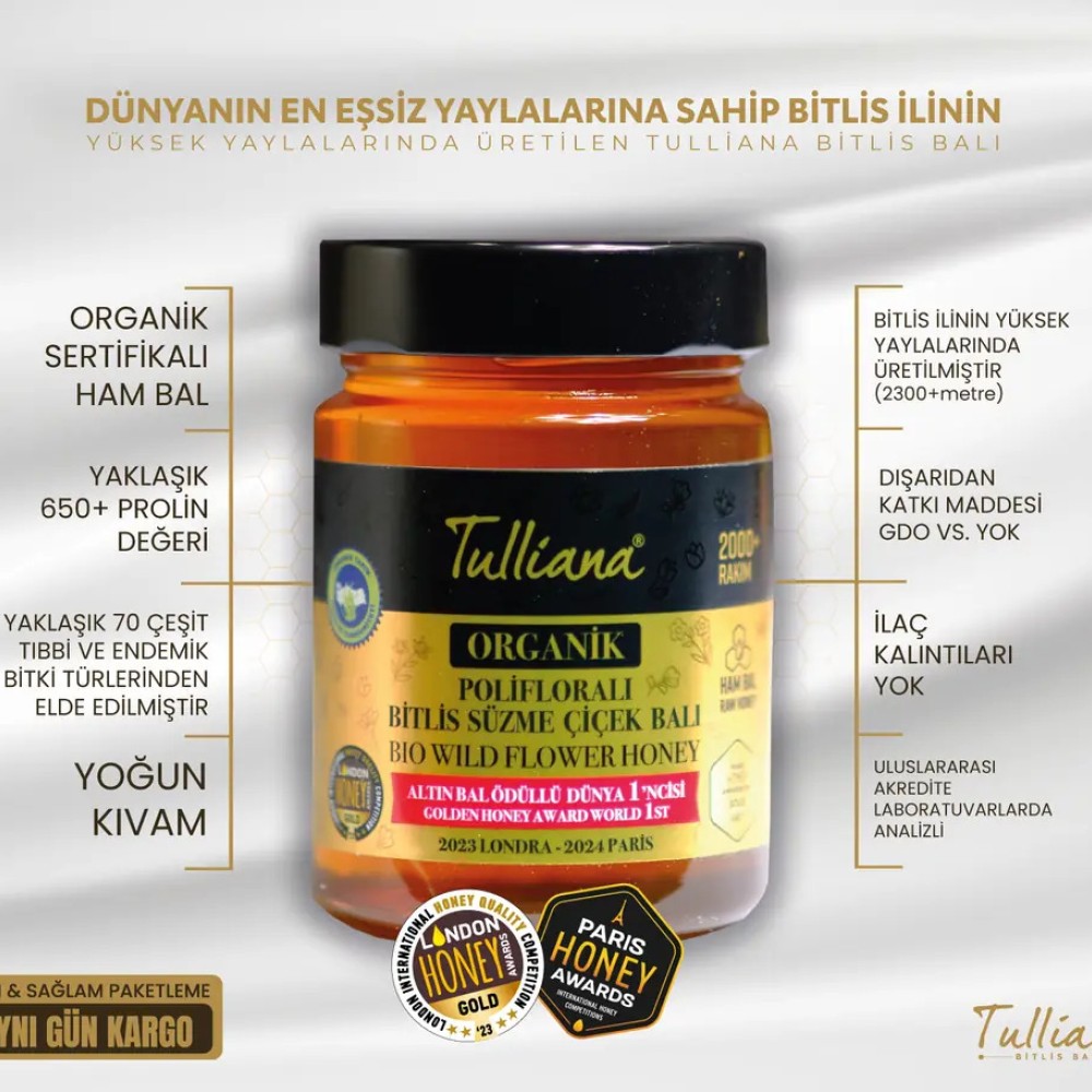 Tulliana Bitlis Organik Polifloralı Ham Süzme Çiçek Balı 850 Gr Cam Kavanoz