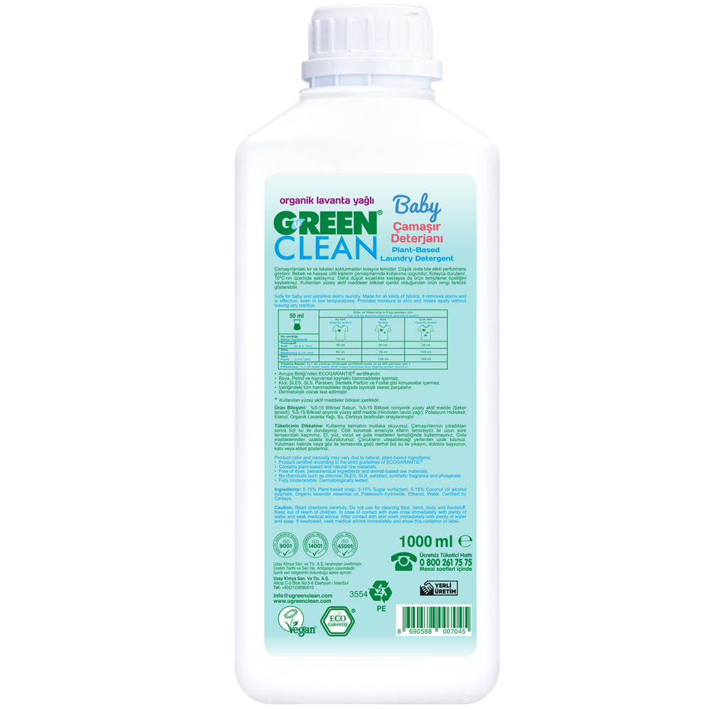 U Green Clean Baby 1000 ML Organik Lavanta Yağlı Bitkisel Çamaşır Deterjanı Şişesi