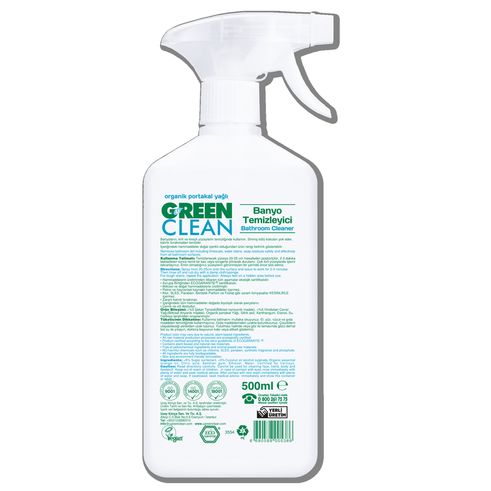 U Green Clean 500 ML Organik Portakal Yağlı Bitkisel Banyo ve Kireç Temizleyici Sprey