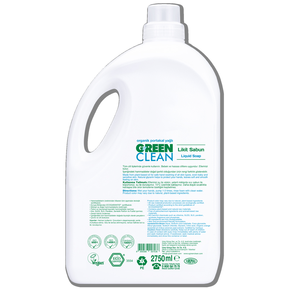 U Green Clean 2750 ML Organik Portakal Yağlı Bitkisel Likit Sabun Şişesi