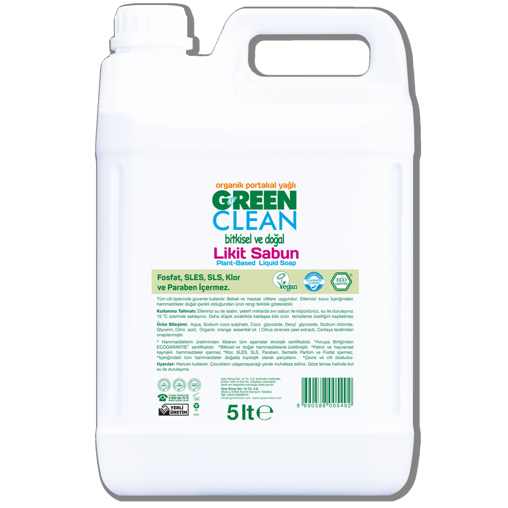 U Green Clean 5 Litre Organik Portakal Yağlı Bitkisel Likit Sabun Bidonu